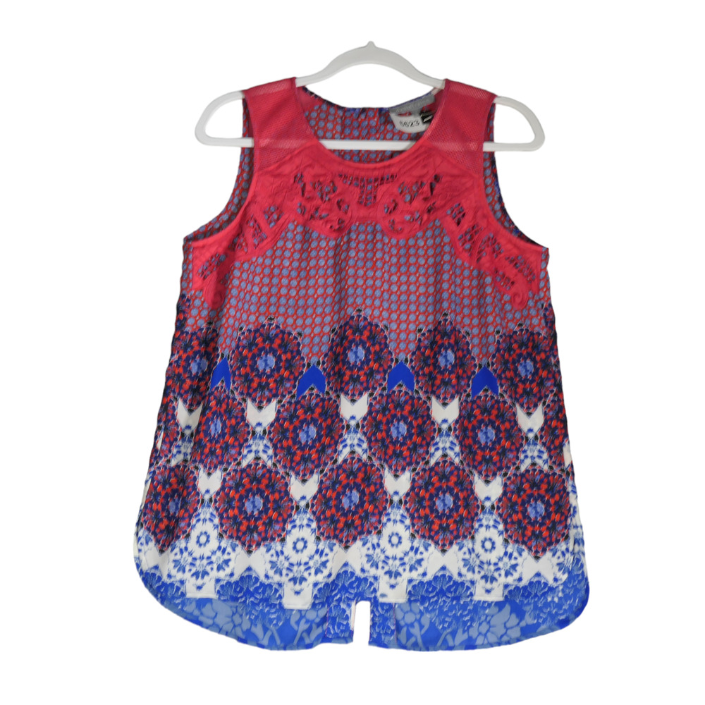 Daniel Rainn Blouse Womens Meduim Red White Blue Button Back Lace Detail Boho - Picture 2 of 13